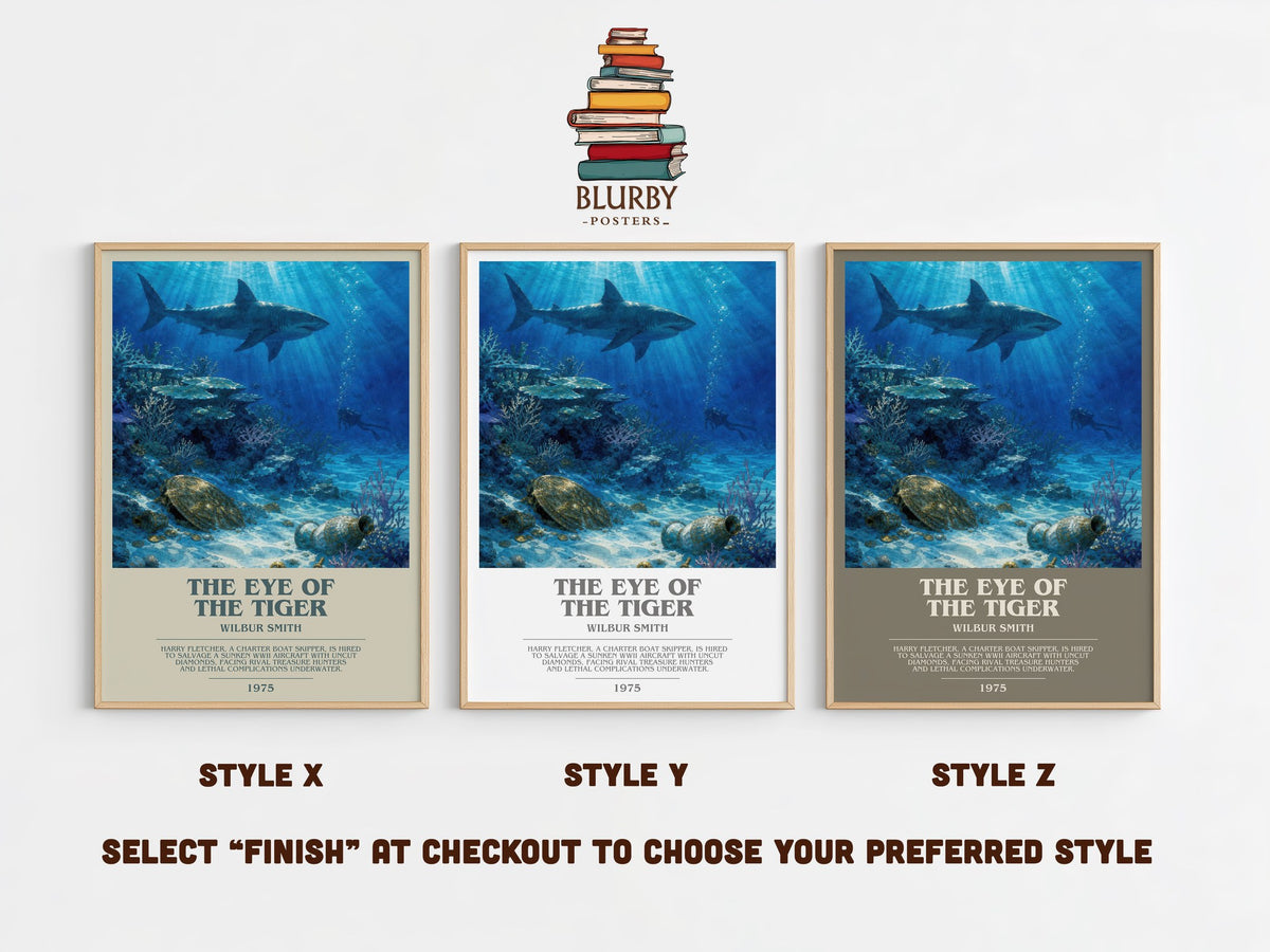 The Eye of the Tiger bookish print in frame leaning in hallway – adventure wall art (mockup)