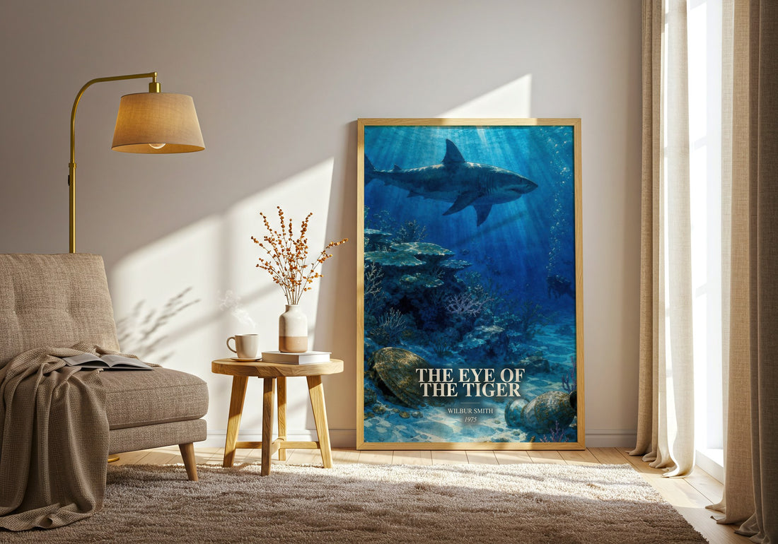 The Eye of the Tiger watercolour print in frame leaning in hallway – adventure wall art (mockup)
