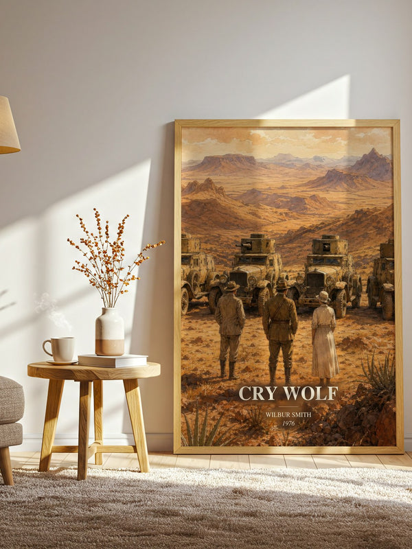 Cry Wolf watercolour print in frame leaning in hallway – adventure wall art