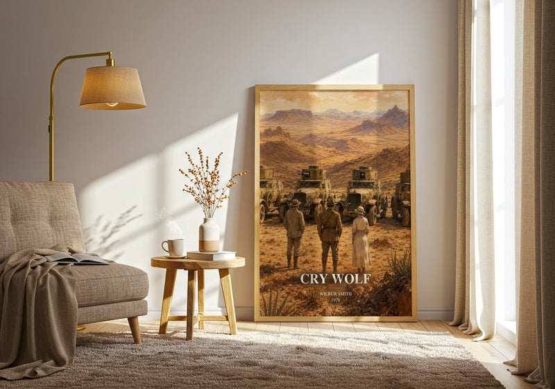Cry Wolf watercolour print in frame leaning in hallway – adventure wall art
