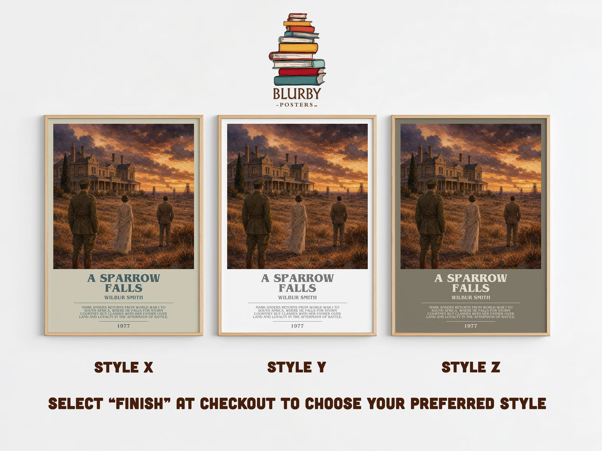 A Sparrow Falls bookish print in frame leaning in hallway – adventure wall art (mockup)
