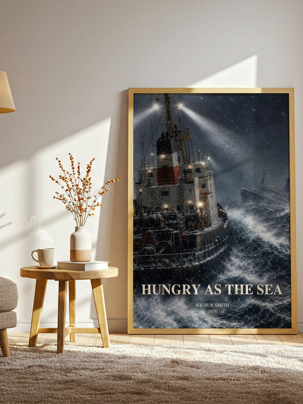 Hungry as the Sea watercolour print in frame leaning in hallway – adventure wall art