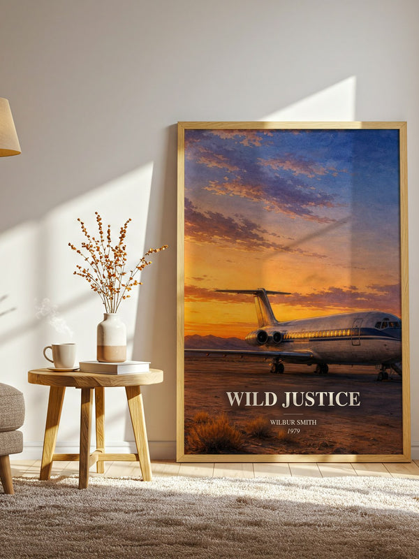 Wild Justice watercolour print in frame leaning in hallway – thriller wall art