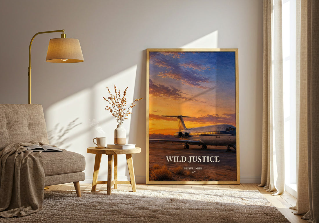 Wild Justice watercolour print in frame leaning in hallway – thriller wall art (mockup)