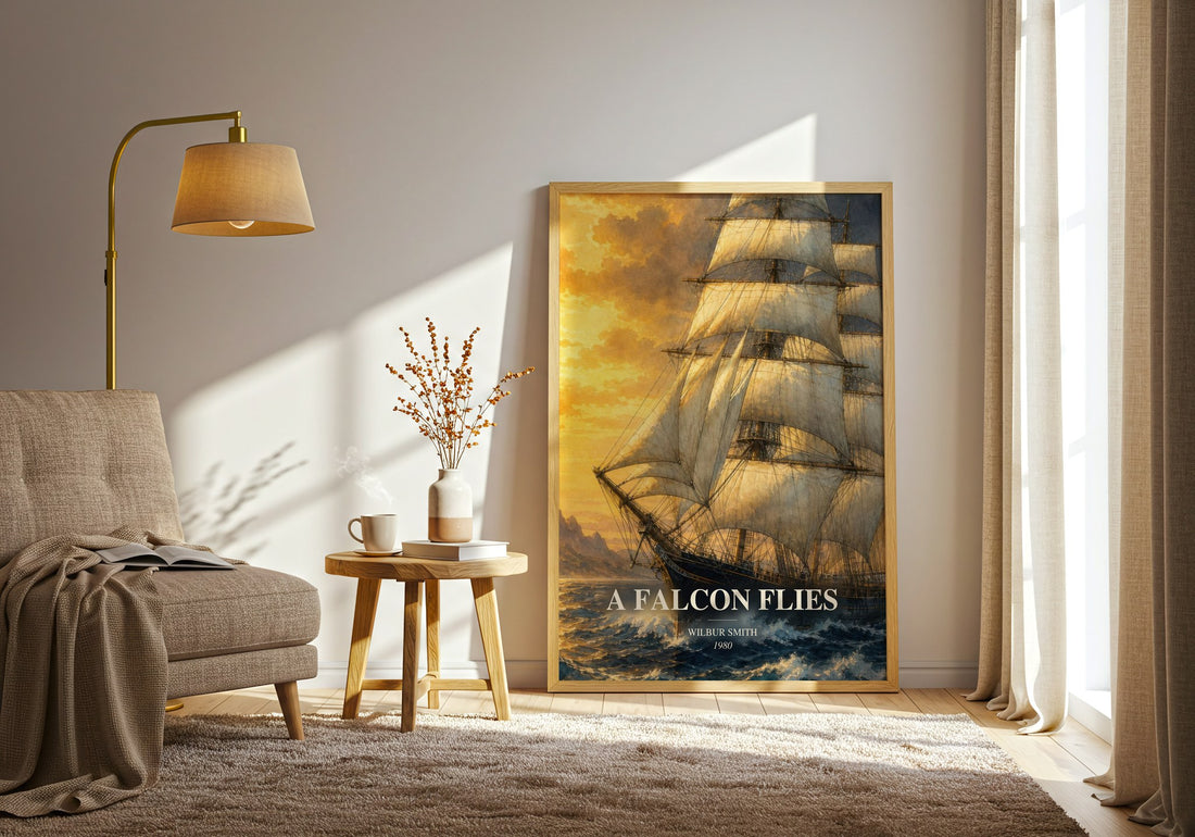 A Falcon Flies watercolour print in frame leaning in hallway – adventure wall art (mockup)