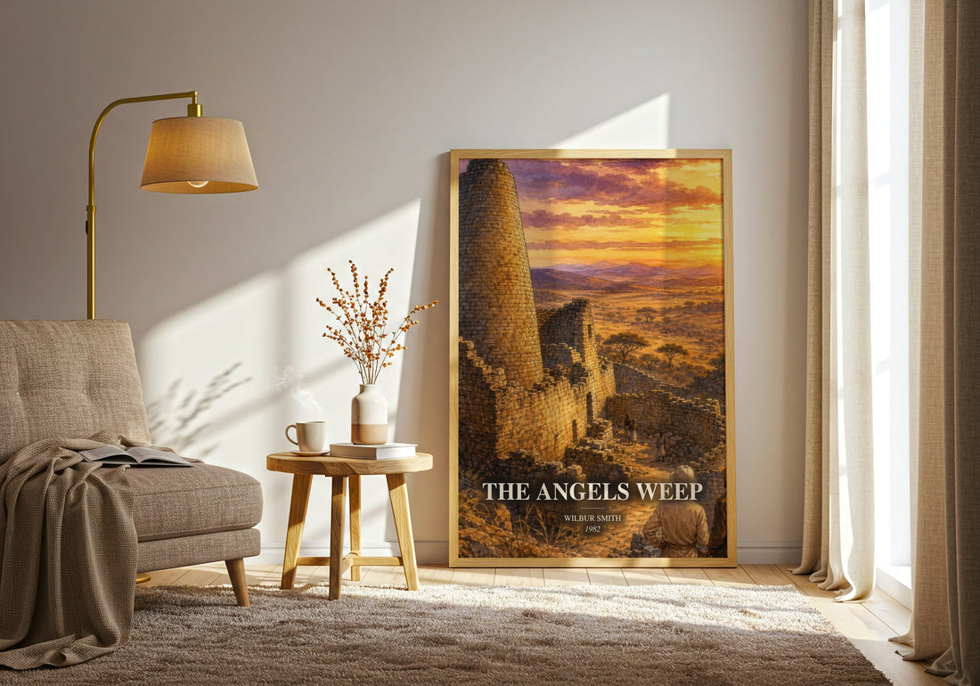 The Angels Weep watercolour print in frame leaning in hallway – historical fiction wall art (mockup)