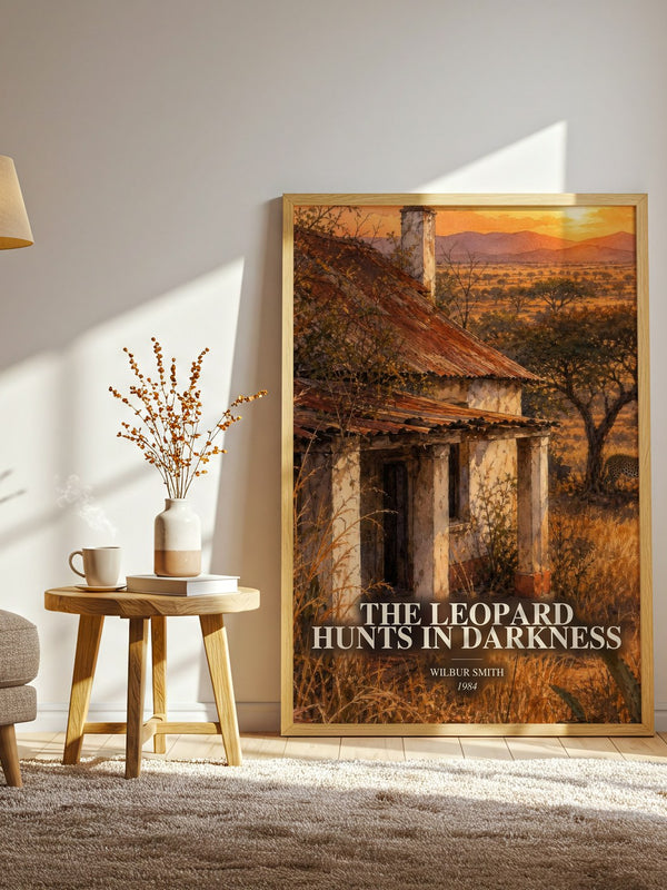 The Leopard Hunts in Darkness watercolour print in frame leaning in hallway – thriller wall art
