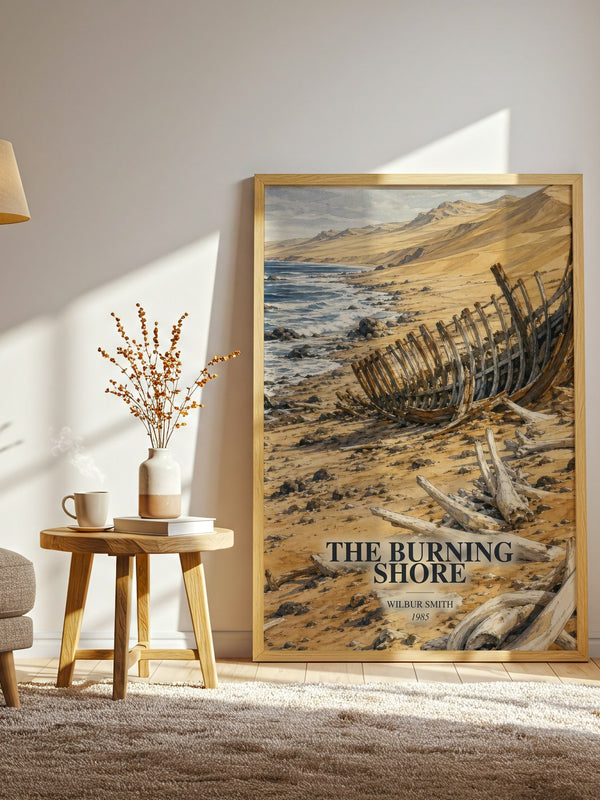 The Burning Shore watercolour print in frame leaning in hallway – adventure wall art