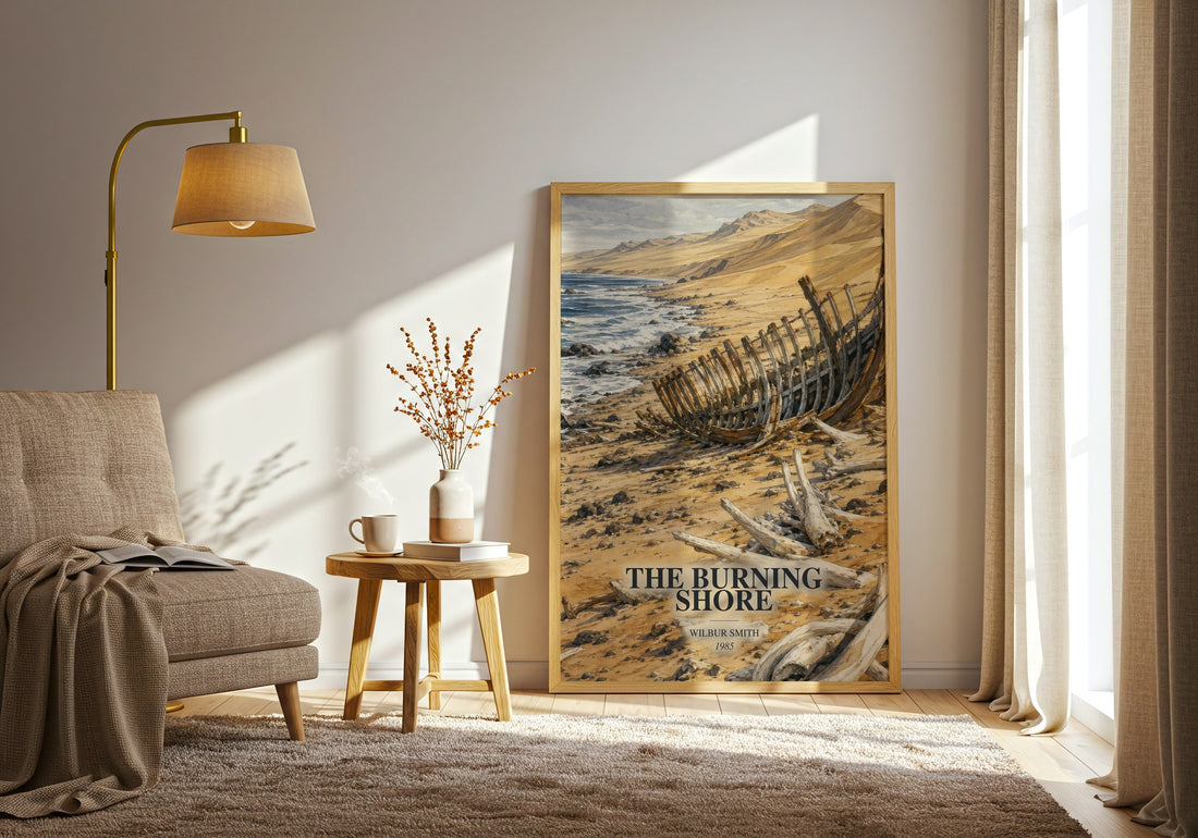 The Burning Shore watercolour print in frame leaning in hallway – adventure wall art (mockup)