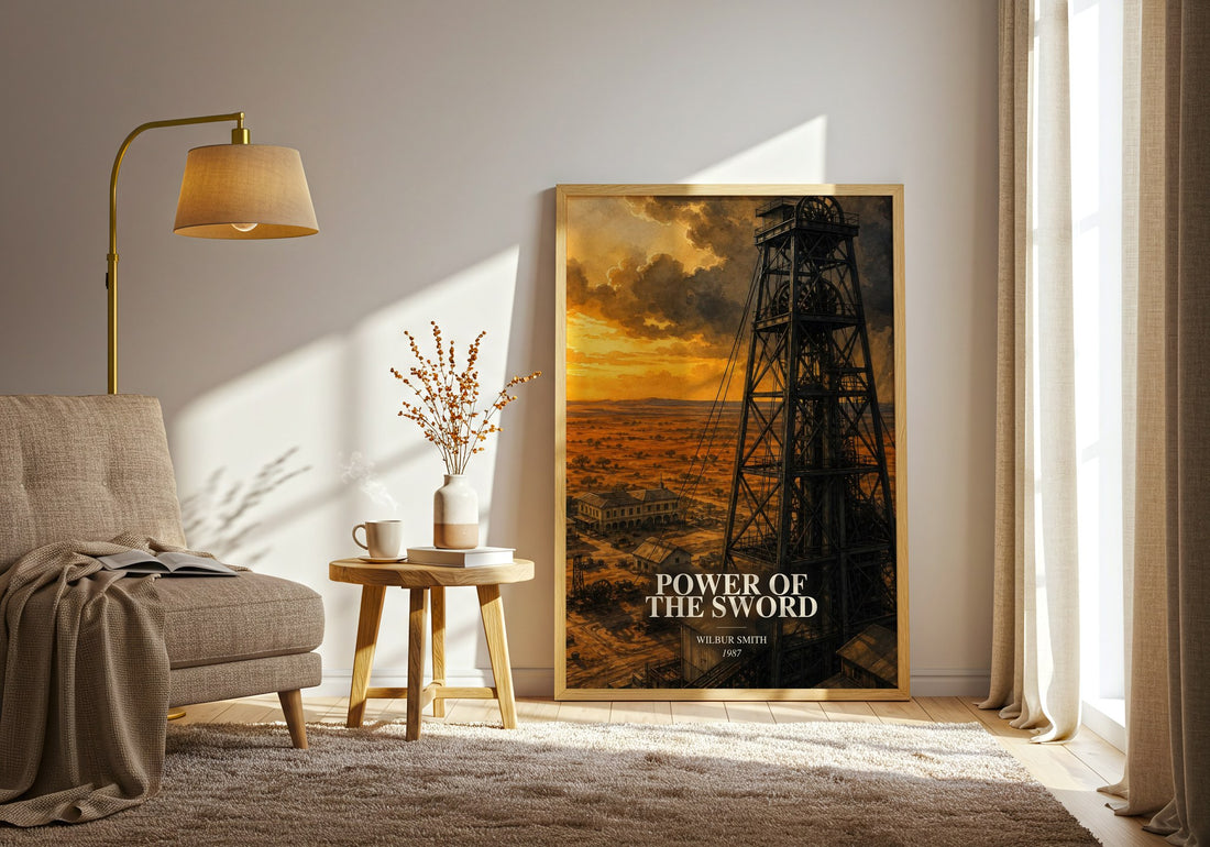Power of the Sword watercolour print in frame leaning in hallway – historical fiction wall art (mockup)