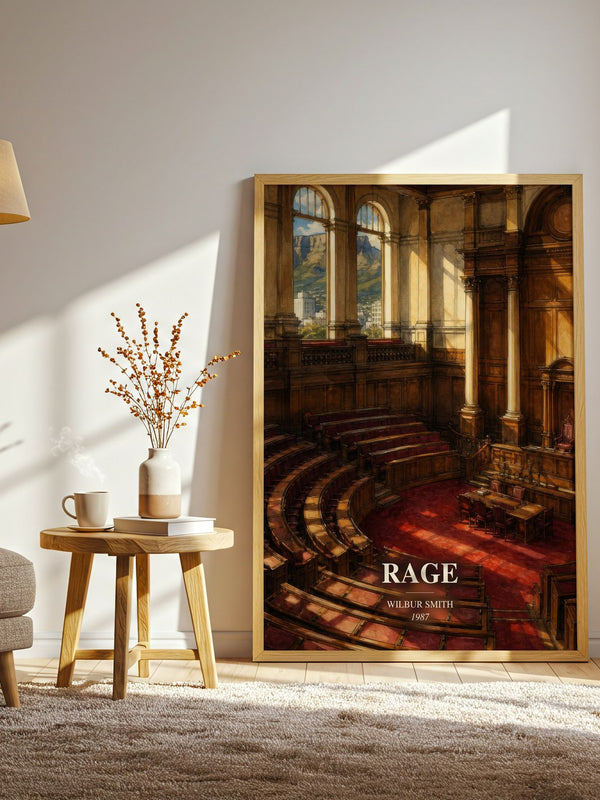 Rage watercolour print in frame leaning in hallway – historical fiction wall art