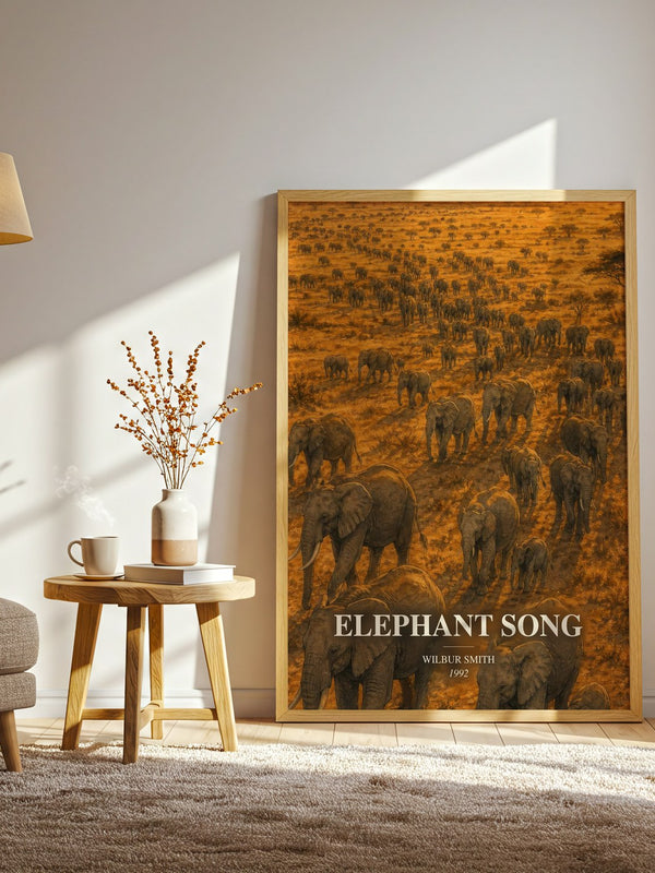 Elephant Song watercolour print in frame leaning in hallway – adventure wall art