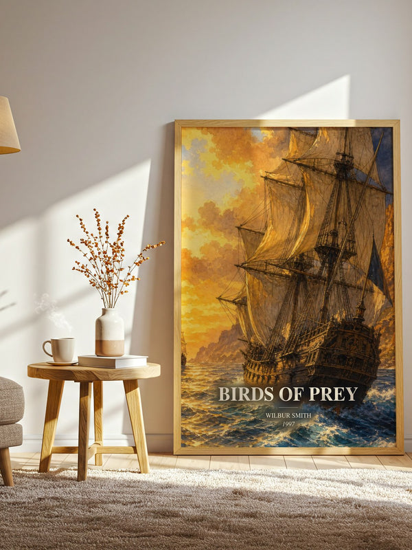 Birds of Prey watercolour print in frame leaning in hallway – adventure wall art