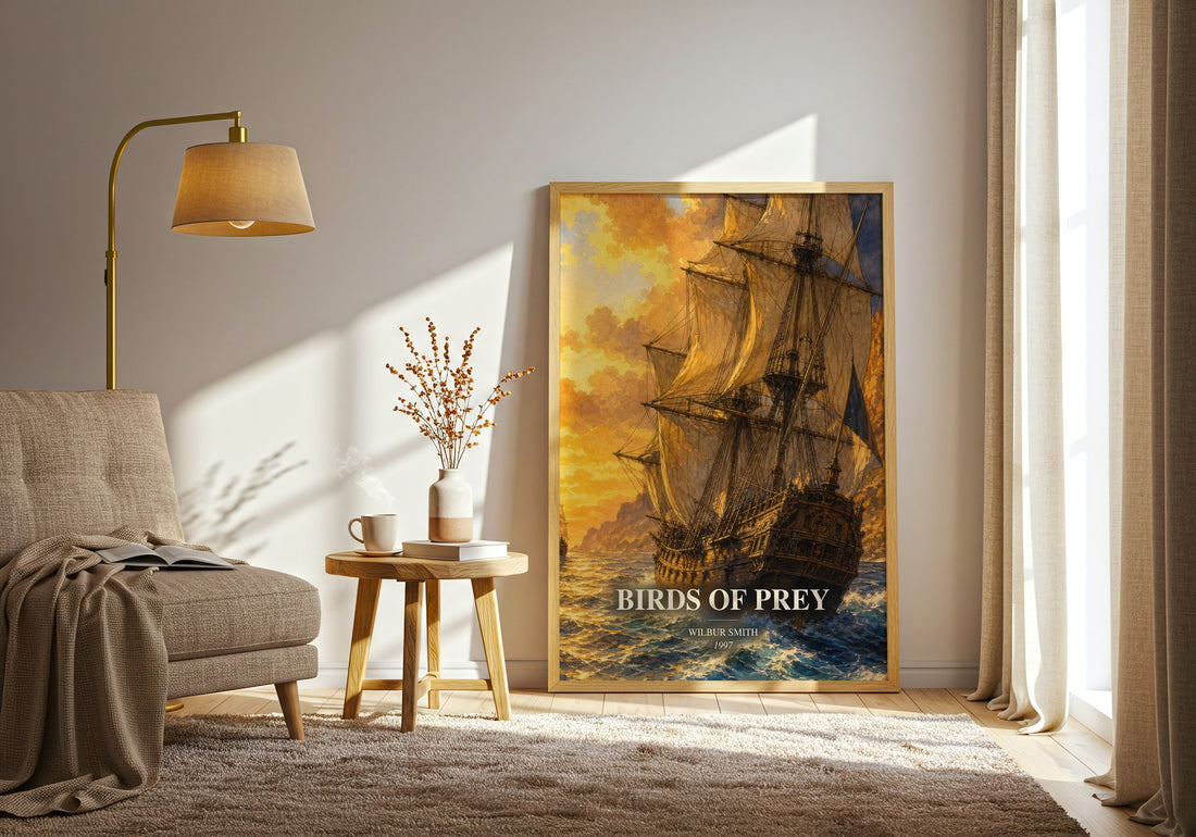 Birds of Prey watercolour print in frame leaning in hallway – adventure wall art (mockup)