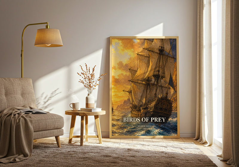 Birds of Prey watercolour print in frame leaning in hallway – adventure wall art