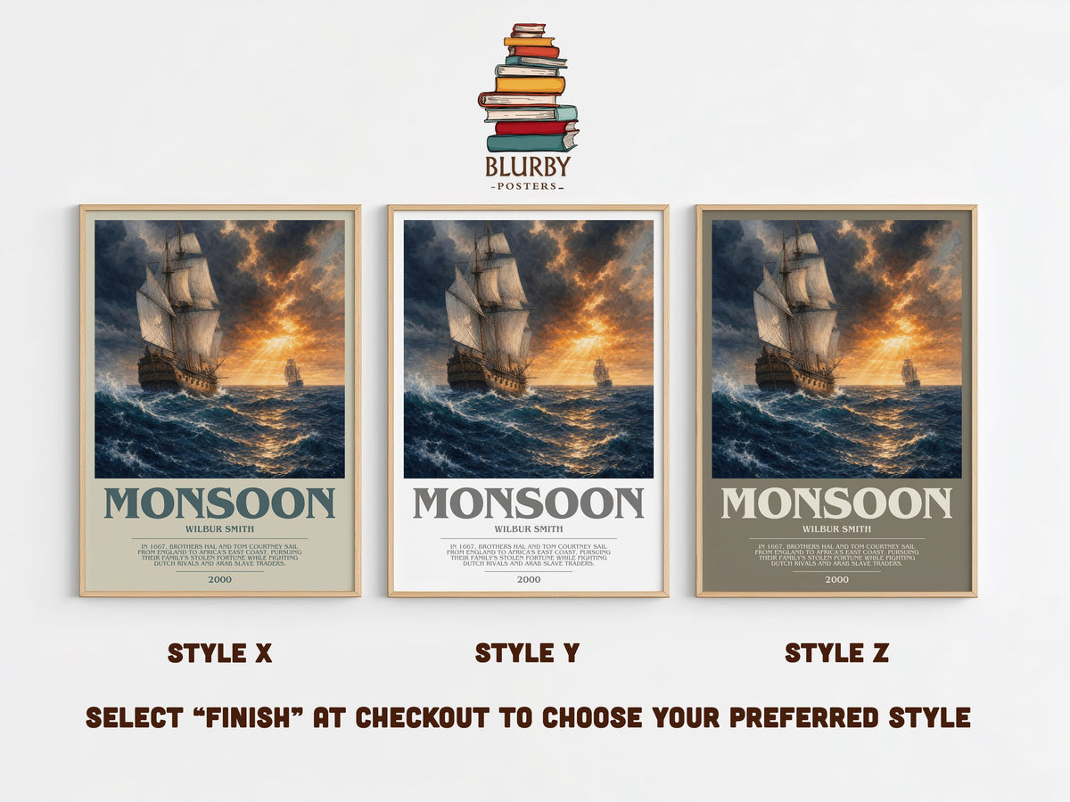 Monsoon bookish print in frame leaning in hallway – adventure wall art (mockup)