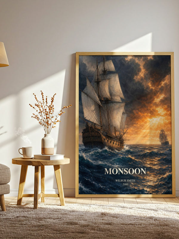 Monsoon watercolour print in frame leaning in hallway – adventure wall art