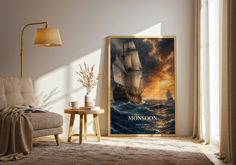 Monsoon watercolour print in frame leaning in hallway – adventure wall art