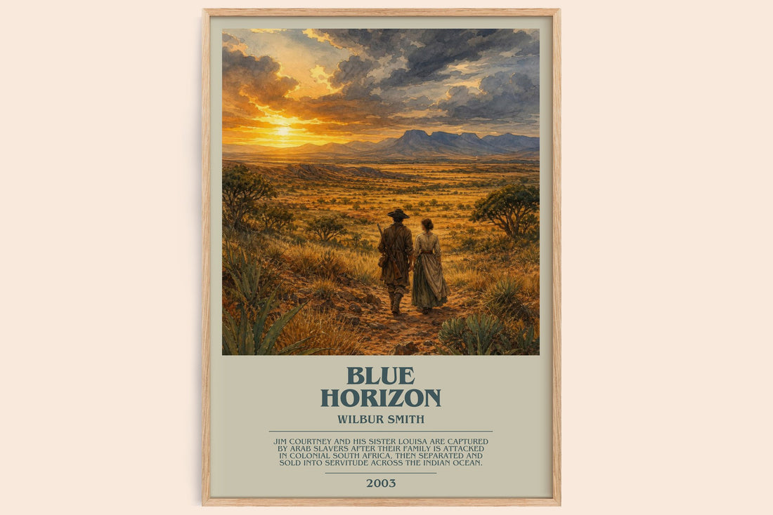 Blue Horizon bookish book poster by Wilbur Smith – framed literary art print