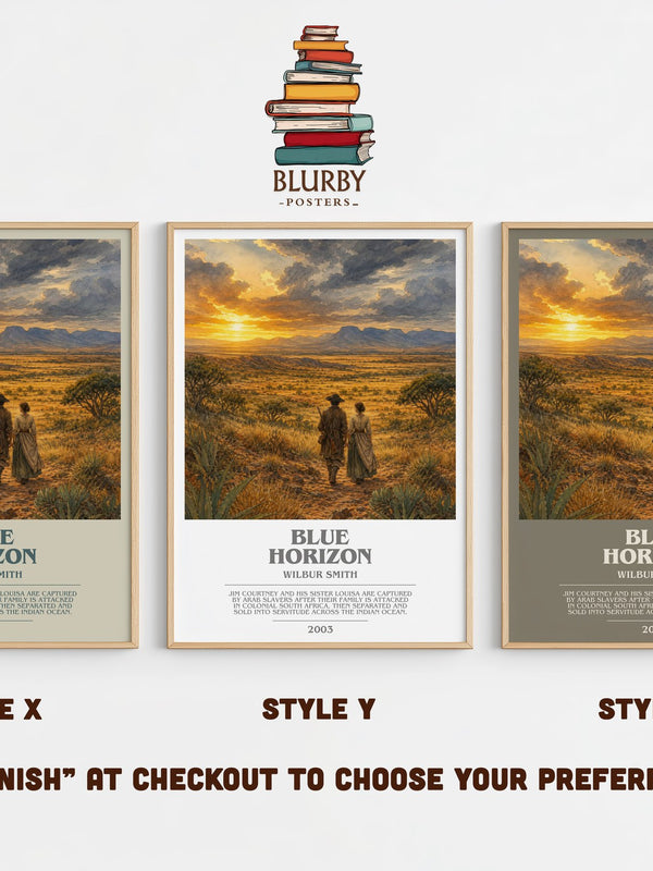 Blue Horizon bookish print in frame leaning in hallway – historical fiction wall art