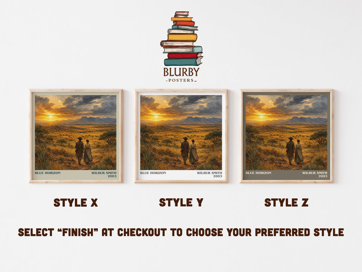Blue Horizon literary print in frame leaning in hallway – historical fiction wall art (mockup)