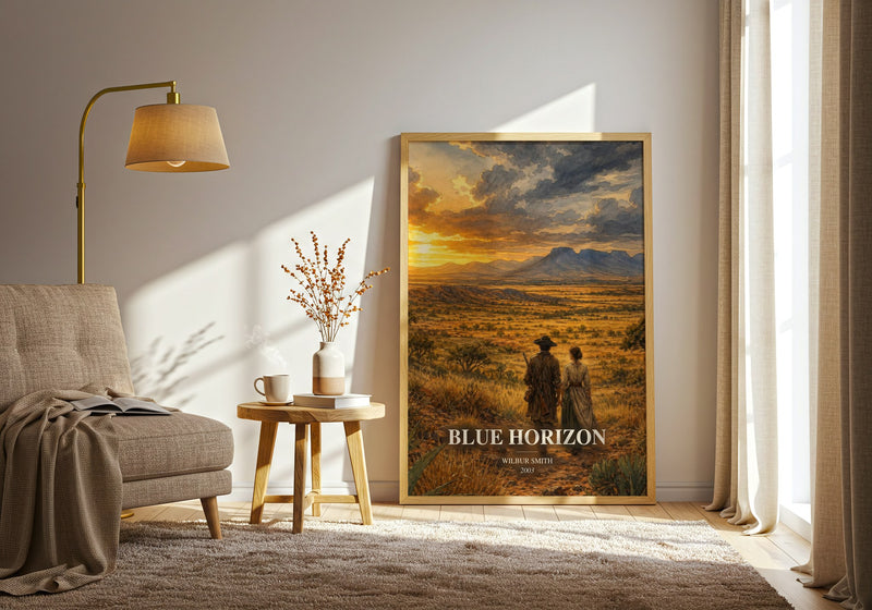 Blue Horizon watercolour print in frame leaning in hallway – historical fiction wall art