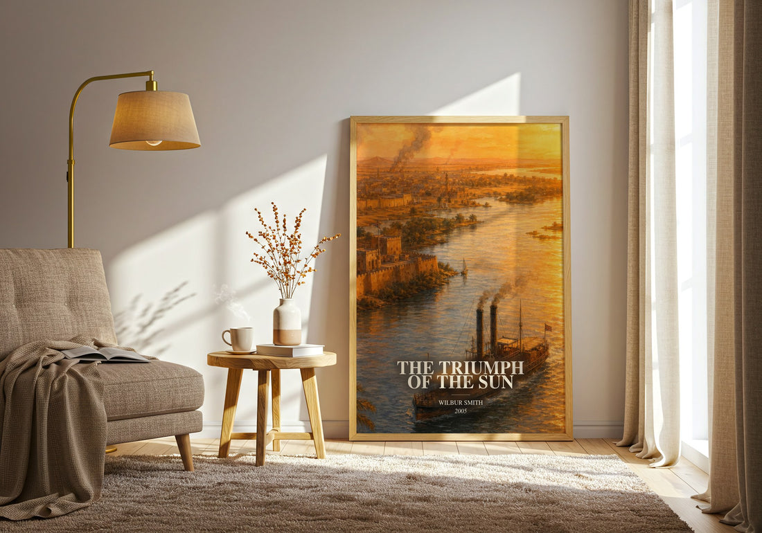 The Triumph of the Sun watercolour print in frame leaning in hallway – historical fiction wall art (mockup)
