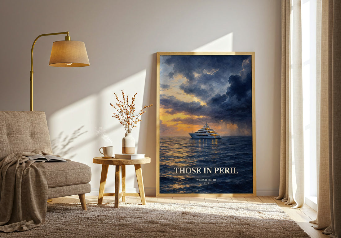 Those in Peril watercolour print in frame leaning in hallway – thriller wall art (mockup)