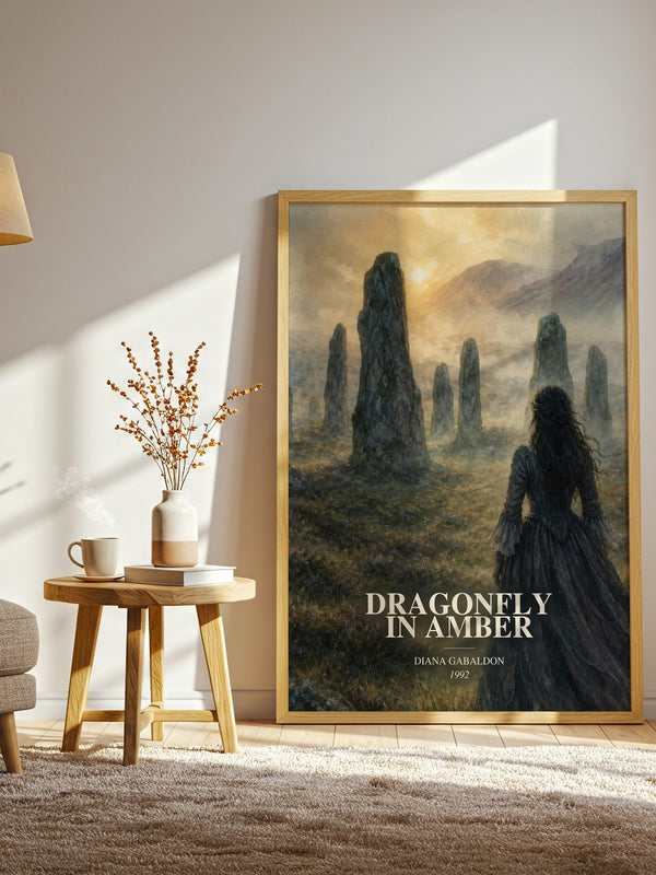 Dragonfly in Amber watercolour print in frame leaning in hallway – historical fiction wall art