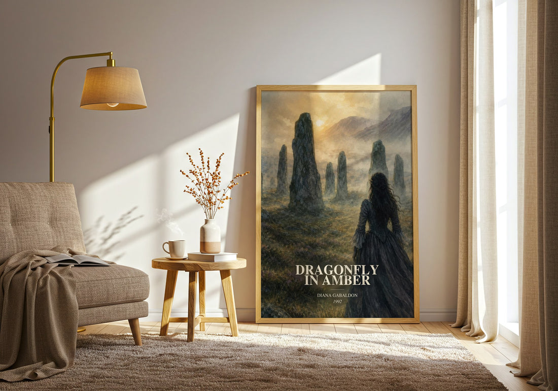 Dragonfly in Amber watercolour print in frame leaning in hallway – historical fiction wall art (mockup)