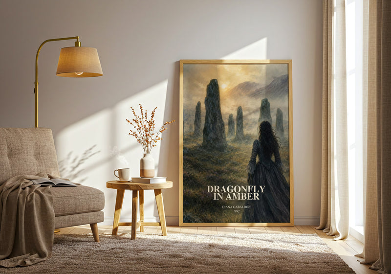 Dragonfly in Amber watercolour print in frame leaning in hallway – historical fiction wall art