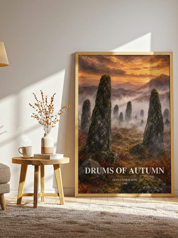 Drums of Autumn watercolour print in frame leaning in hallway – historical fiction wall art