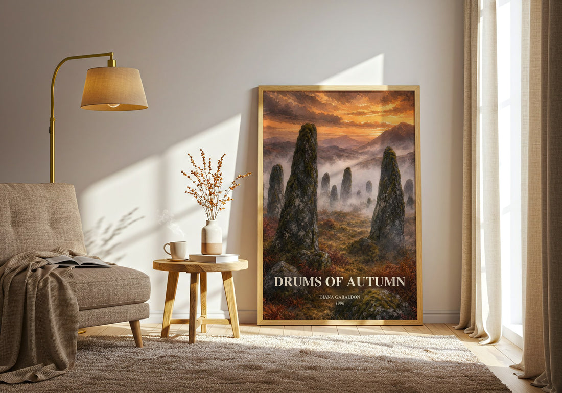 Drums of Autumn watercolour print in frame leaning in hallway – historical fiction wall art (mockup)