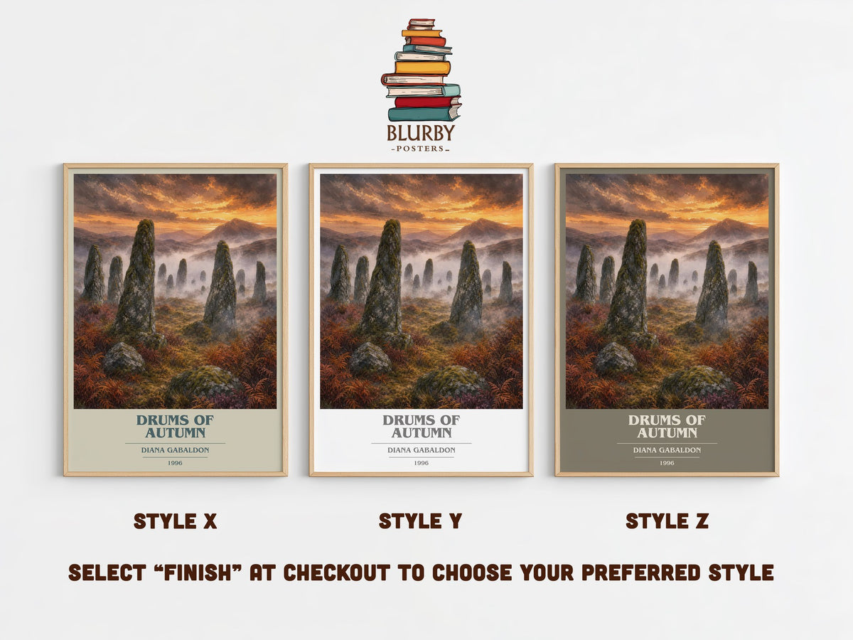 Drums of Autumn book cover print in frame leaning in hallway – historical fiction wall art (mockup)
