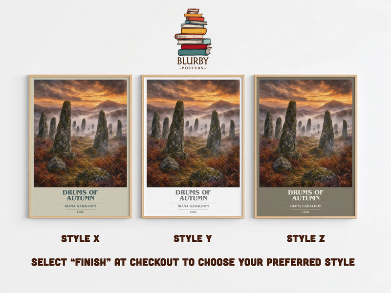 Drums of Autumn book cover print in frame leaning in hallway – historical fiction wall art