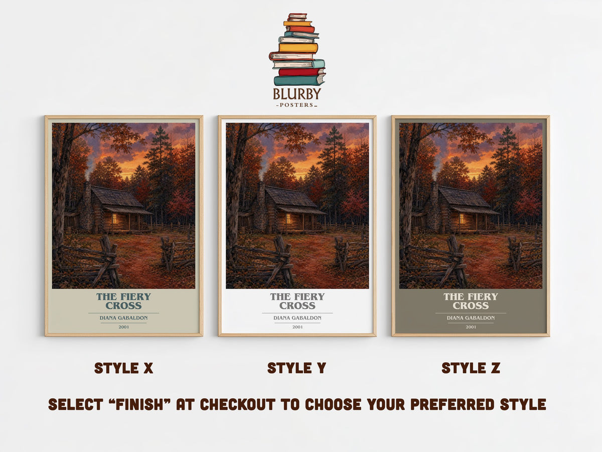 The Fiery Cross book cover print in frame leaning in hallway – historical fiction wall art (mockup)