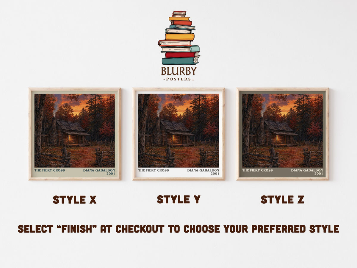 The Fiery Cross literary print in frame leaning in hallway – historical fiction wall art (mockup)