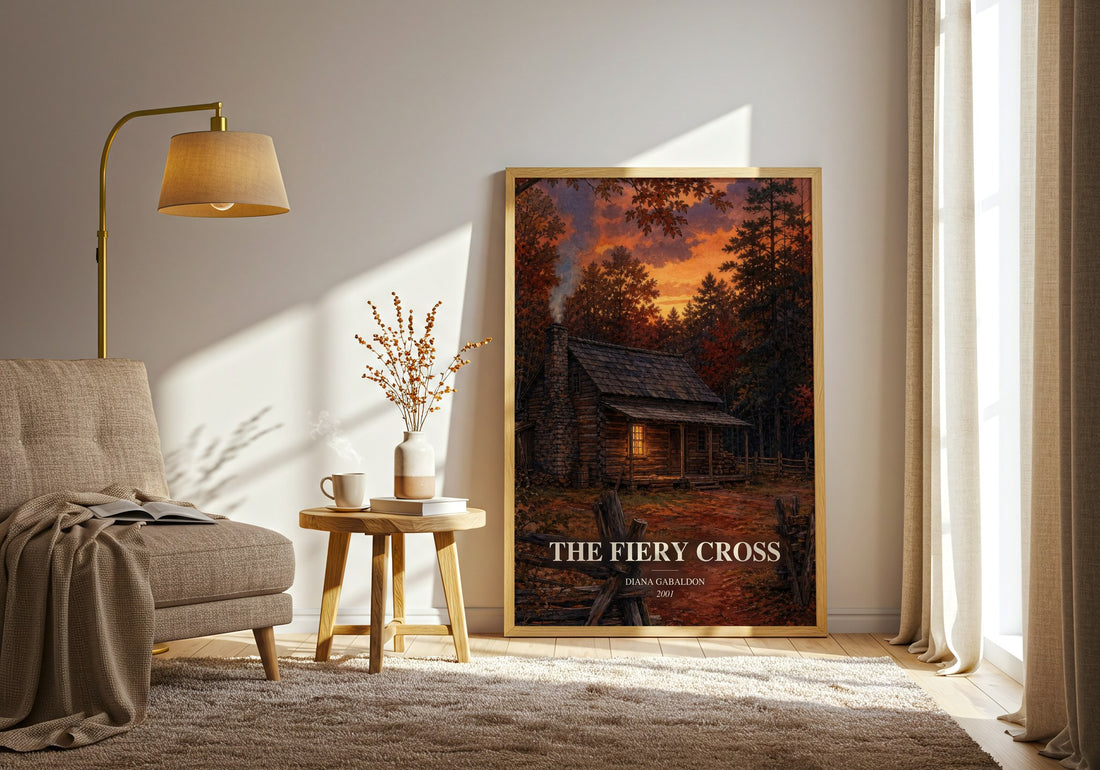 The Fiery Cross watercolour print in frame leaning in hallway – historical fiction wall art (mockup)