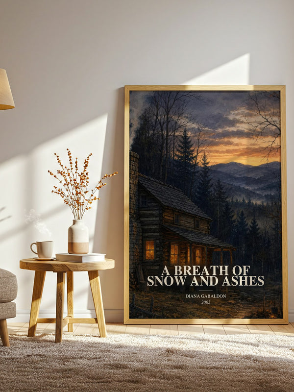 A Breath of Snow and Ashes watercolour print in frame leaning in hallway – historical fiction wall art