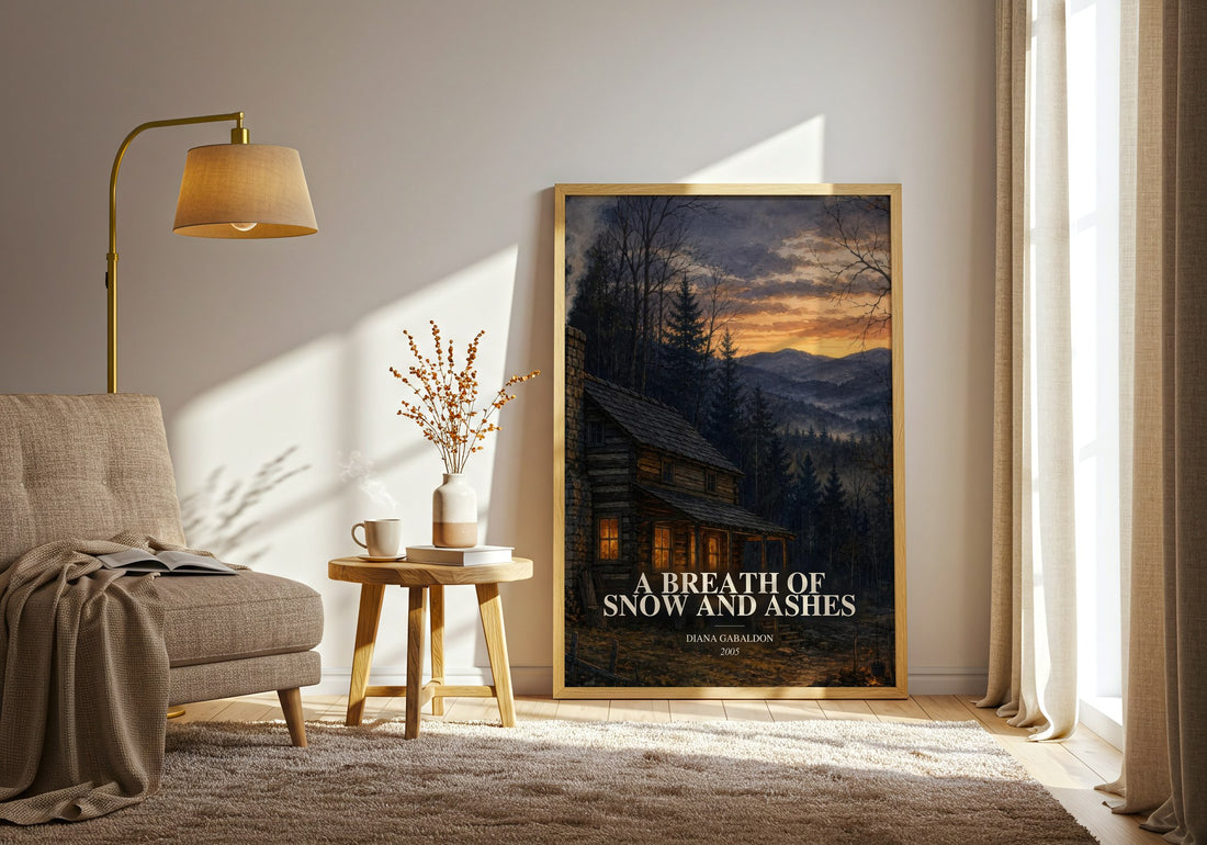 A Breath of Snow and Ashes watercolour print in frame leaning in hallway – historical fiction wall art (mockup)