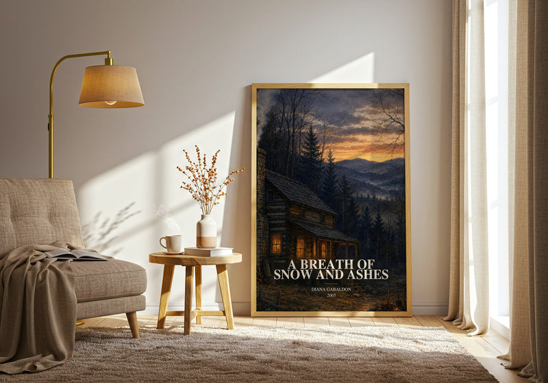 A Breath of Snow and Ashes watercolour print in frame leaning in hallway – historical fiction wall art