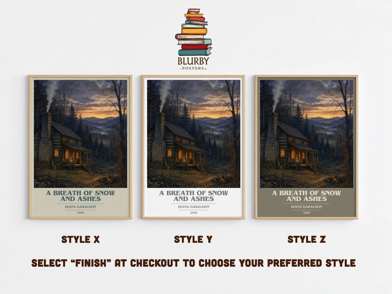 A Breath of Snow and Ashes book cover print in frame leaning in hallway – historical fiction wall art