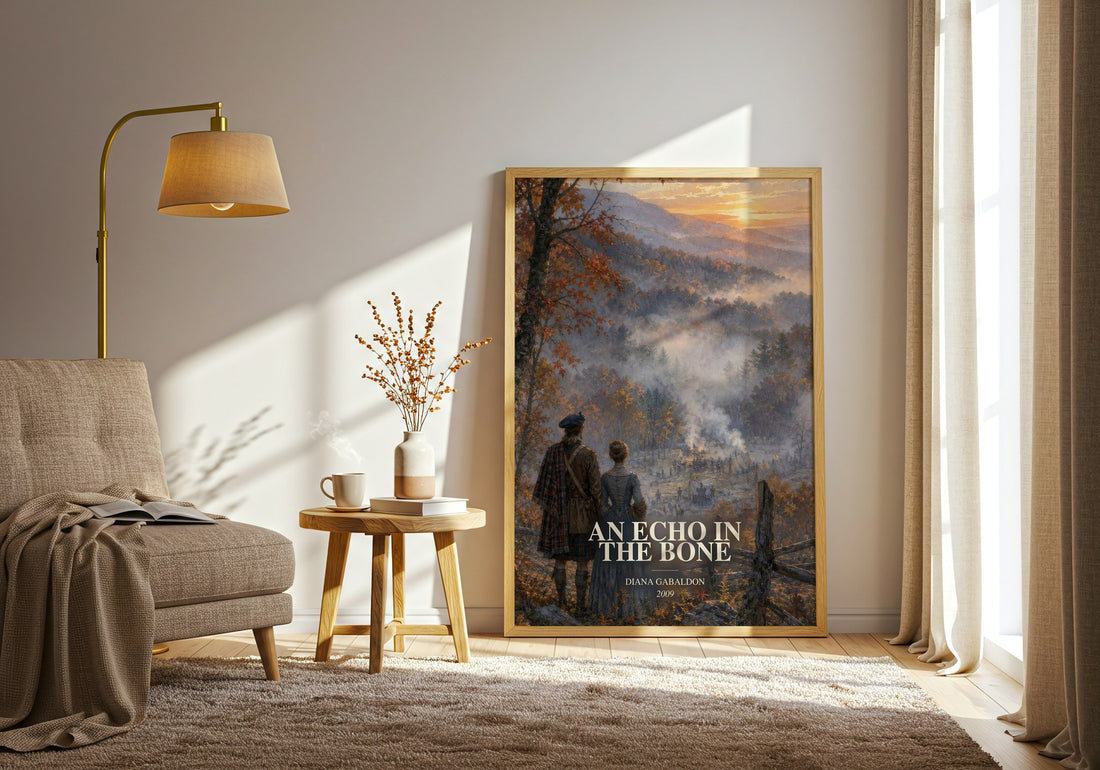An Echo in the Bone watercolour print in frame leaning in hallway – historical fiction wall art (mockup)