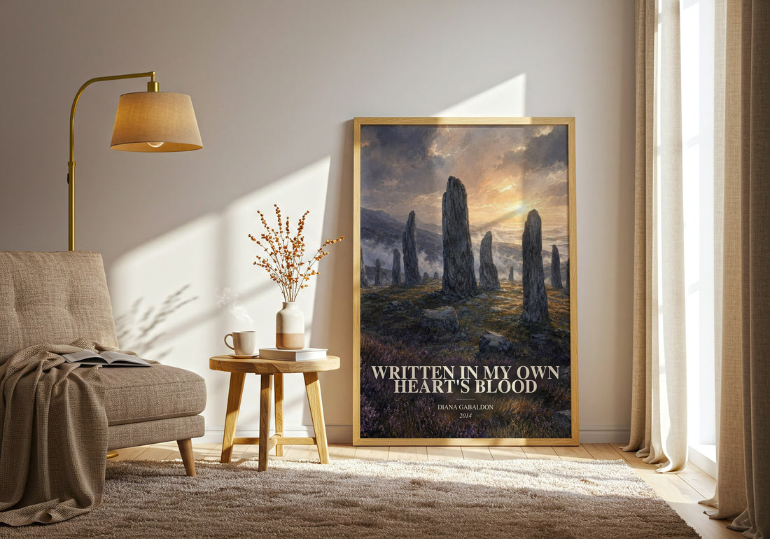 Written in My Own Heart's Blood watercolour print in frame leaning in hallway – historical fiction wall art (mockup)