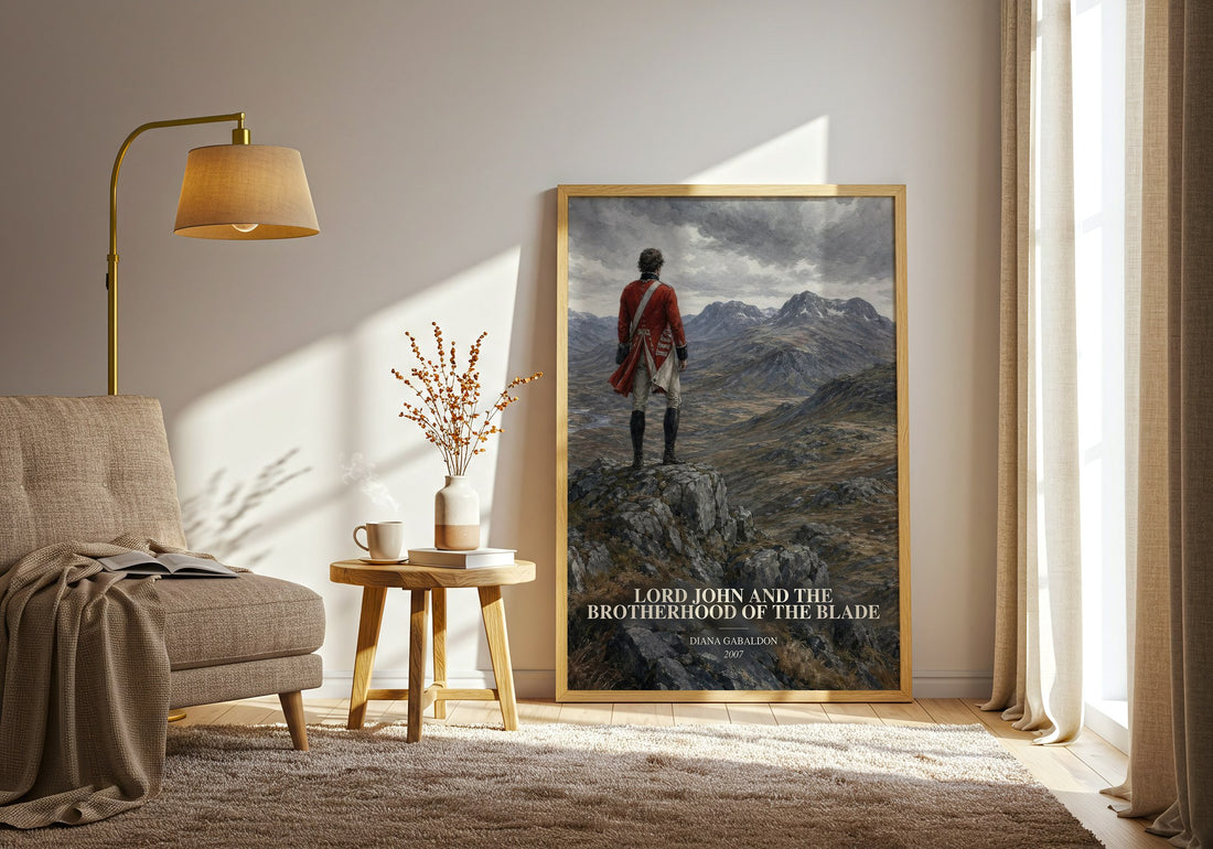 Lord John and the Brotherhood of the Blade watercolour print in frame leaning in hallway – historical fiction wall art (mockup)