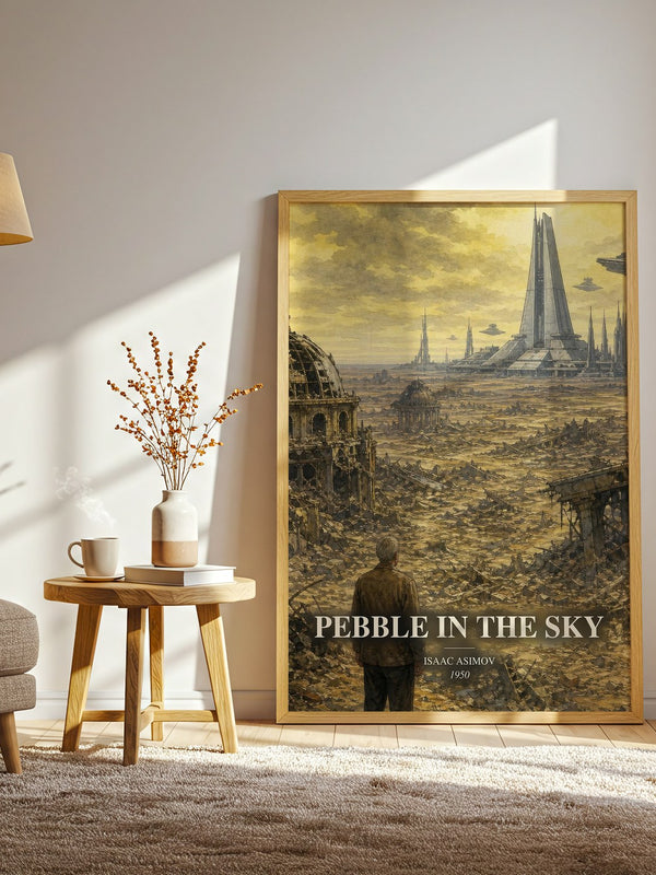 Pebble in the Sky watercolour print in frame leaning in hallway – sci fi wall art