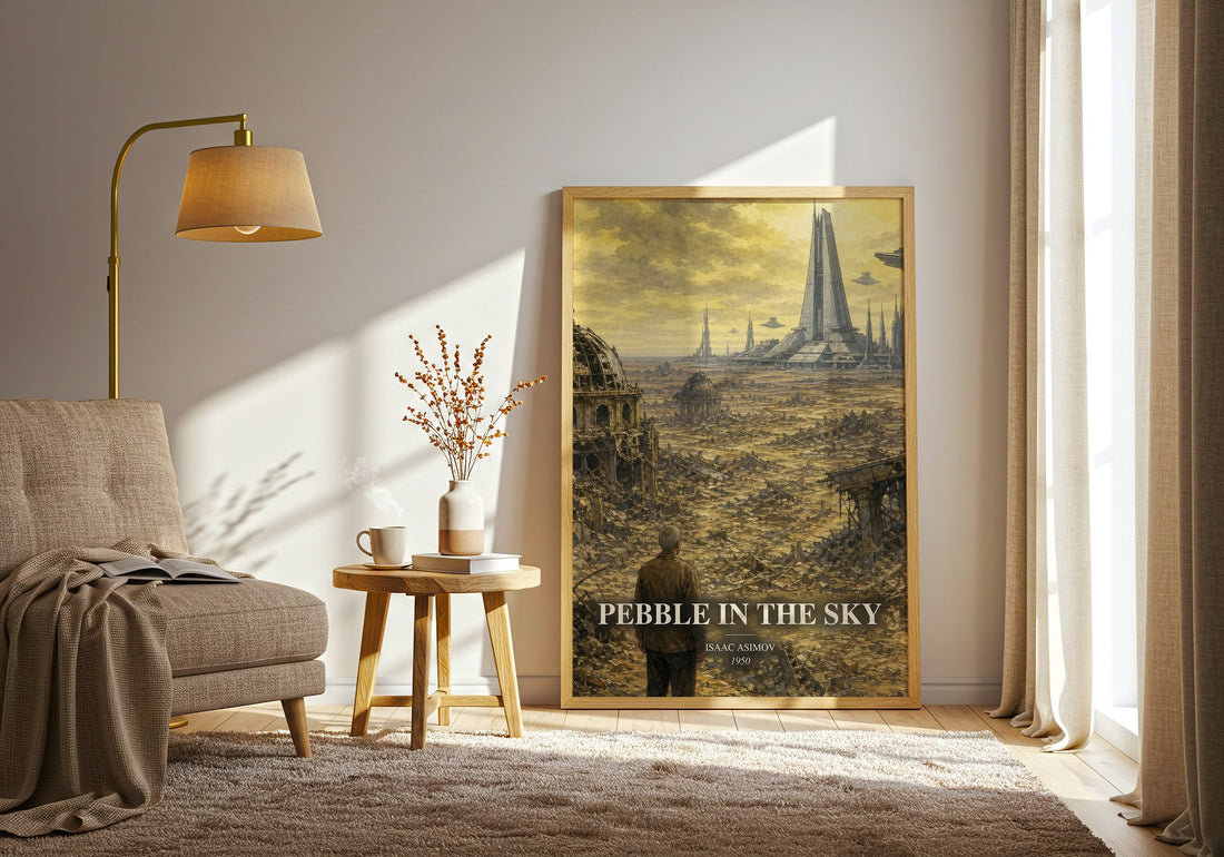 Pebble in the Sky watercolour print in frame leaning in hallway – sci fi wall art (mockup)