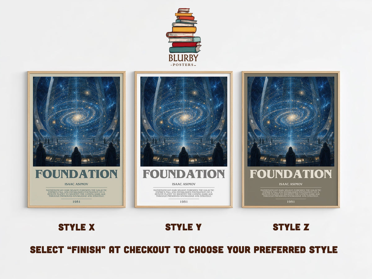 Foundation bookish print in frame leaning in hallway – sci fi wall art (mockup)
