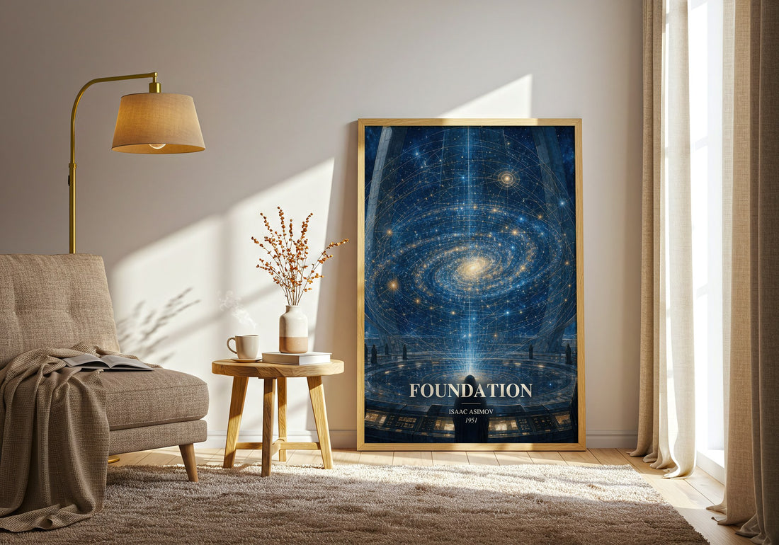 Foundation watercolour print in frame leaning in hallway – sci fi wall art (mockup)