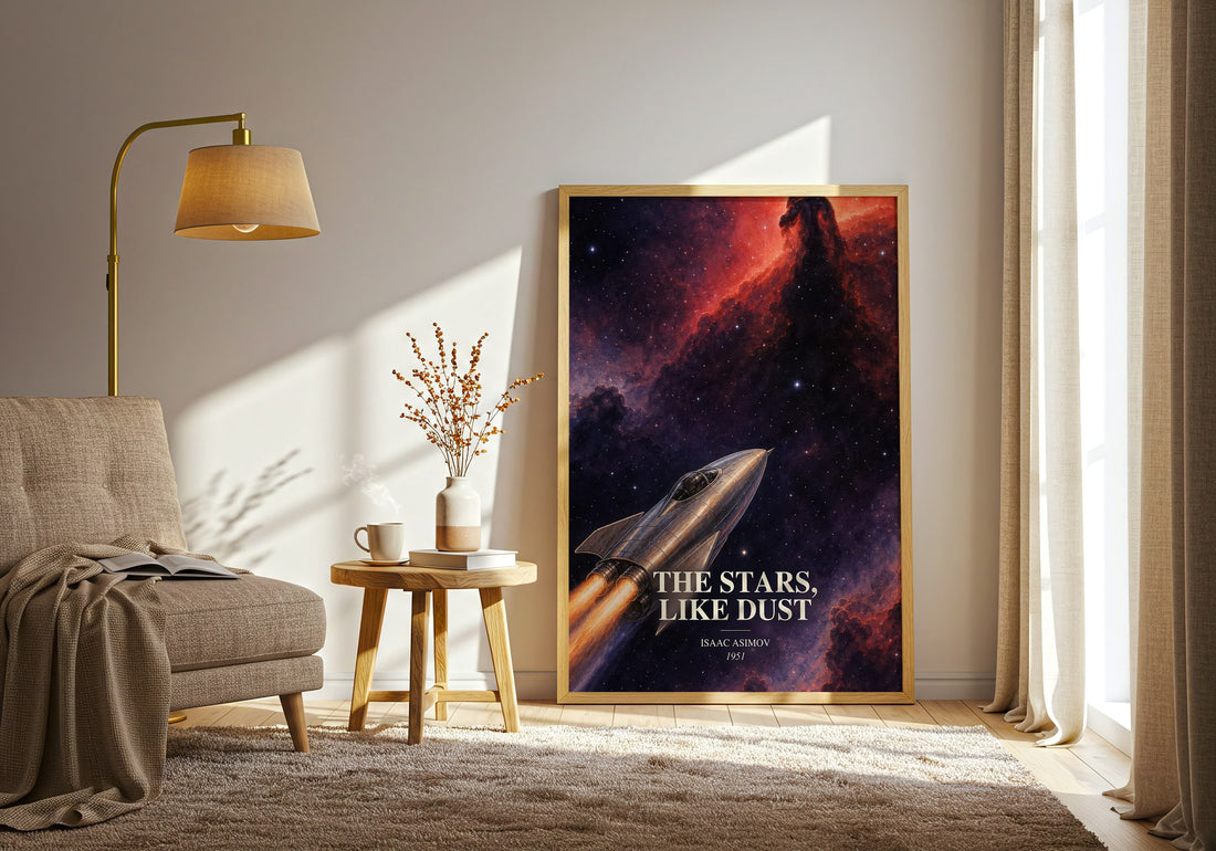 The Stars, Like Dust watercolour print in frame leaning in hallway – sci fi wall art (mockup)